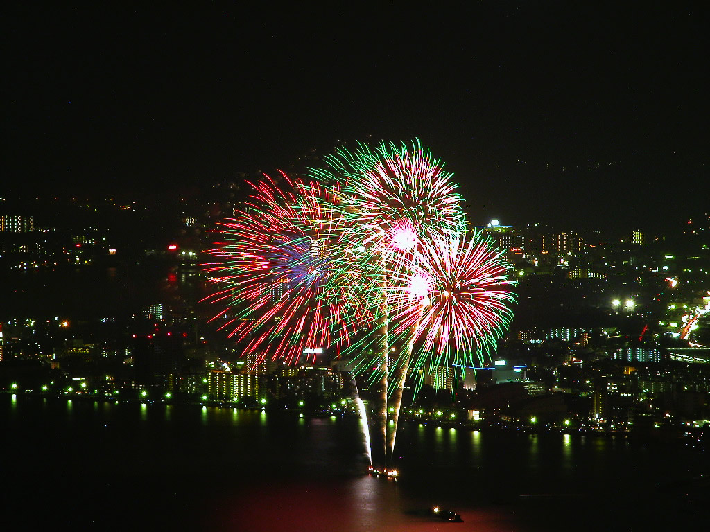 The fireworks whose picture is taken by a distant view