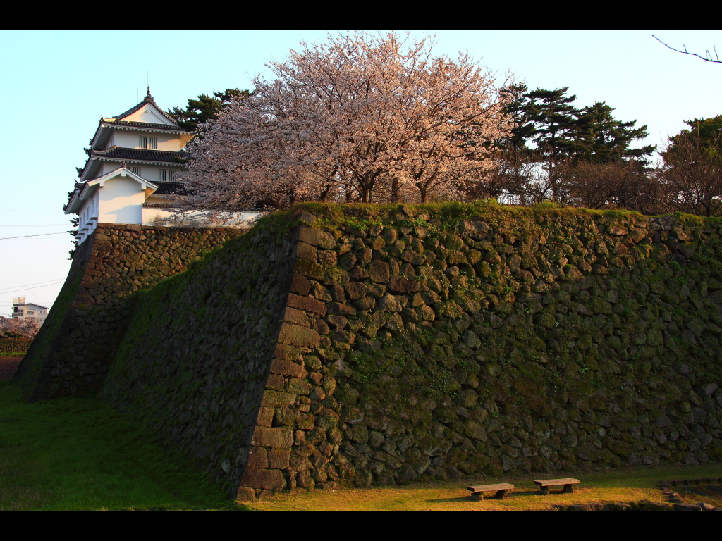 丑寅の櫓と二の丸の桜　左クリックで島原城　桜へ右クリック背景に設定で壁紙へ