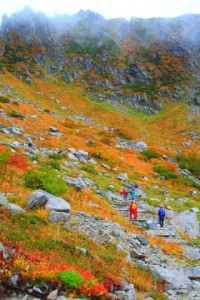 険しい岩峰と遊歩道を歩く人々320×480