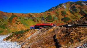 ロッジ立山連峰の赤い屋根と紅葉1366×768